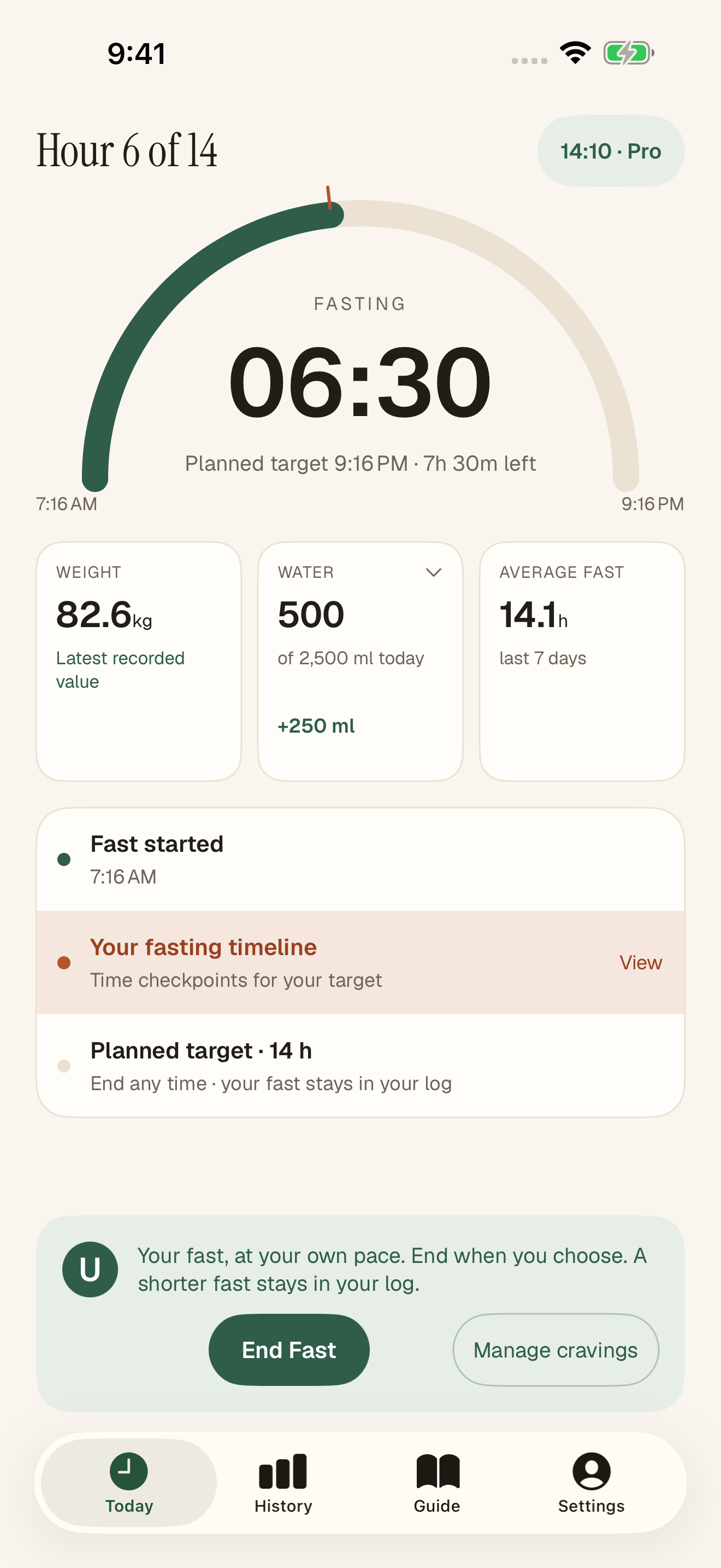 Unfeast fasting timer, captured from the actual app with sample data