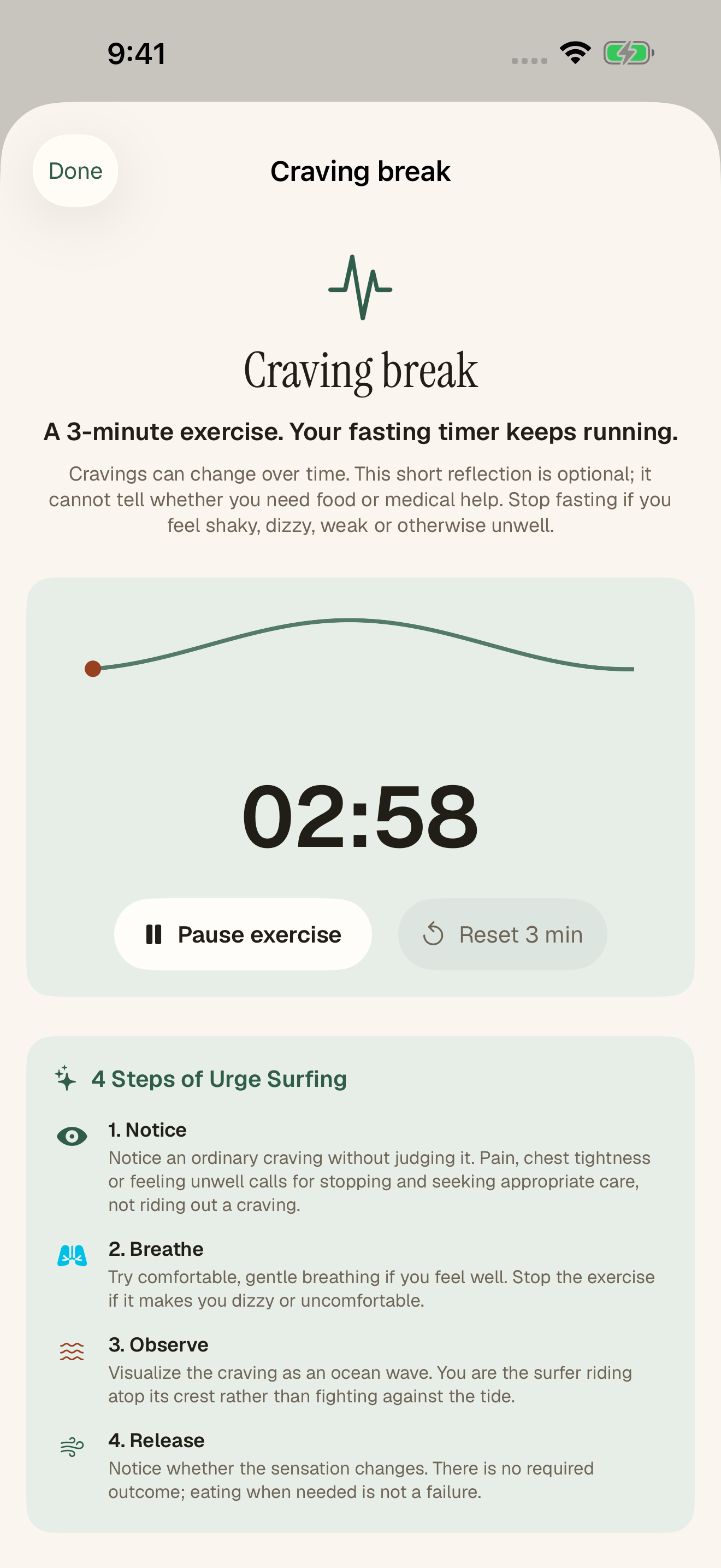 Unfeast optional guided craving break, captured from the actual app with sample data
